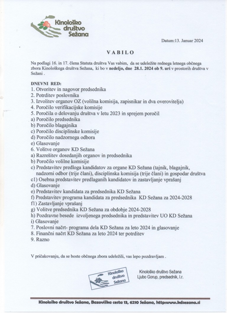 RAZPIS VOLITEV V ORGANE KINOLOŠKEGA DRUŠTVA SEŽANA – MANDATNO OBDOBJE 2024 / 2028